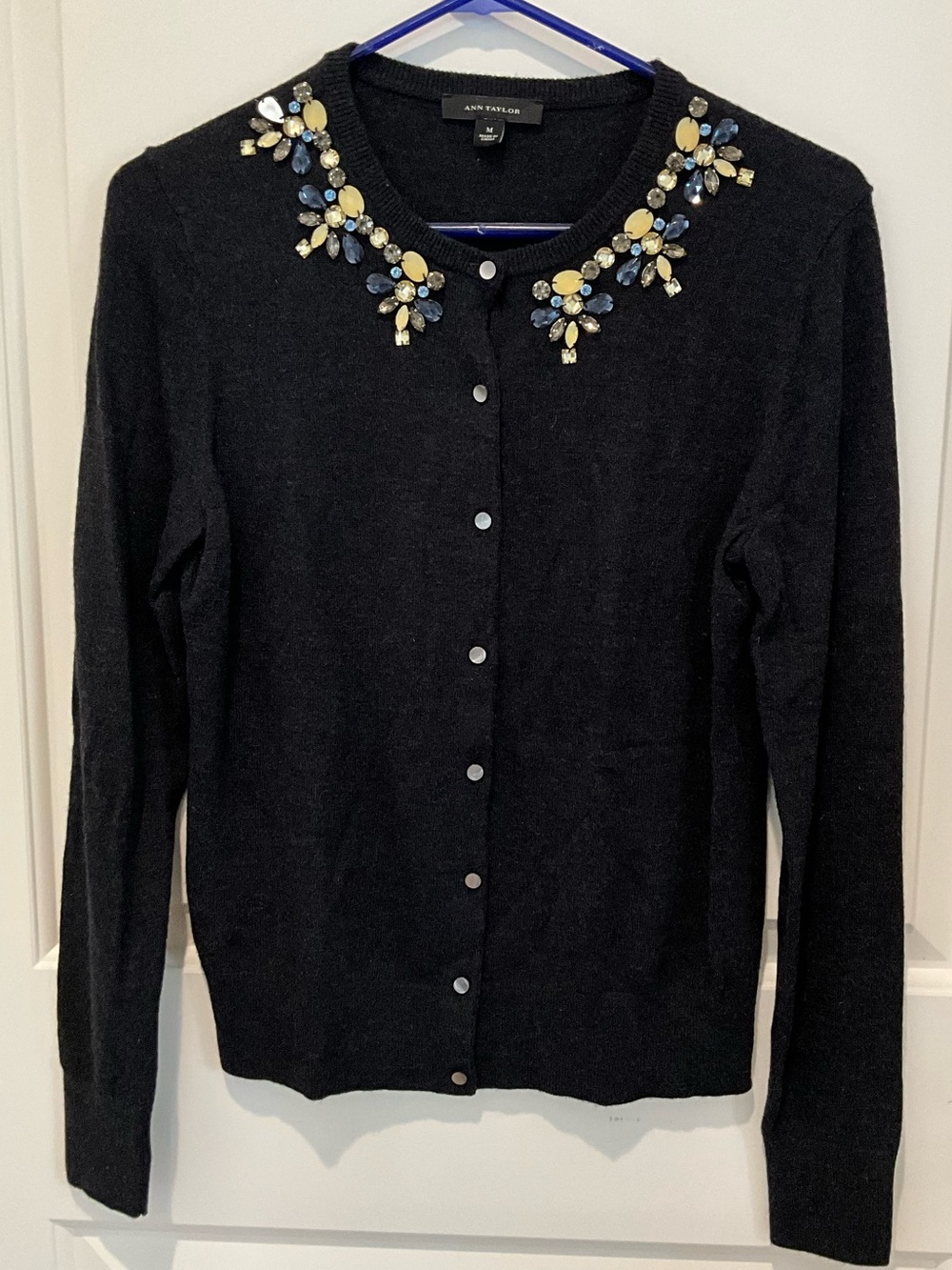 Ann Taylor Embellished Jewel Neck Cardigan Sweater Black Medium
